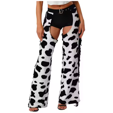 Womens Cow Spot Flannel Pants Halloween Cowboy Chaps Cosplay Costume Open Crotch Biking Riding Cowgi