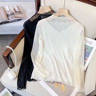 Women's long sleeved T-shirt 2024 summer Korean version large half high collar with lace mesh bottom top