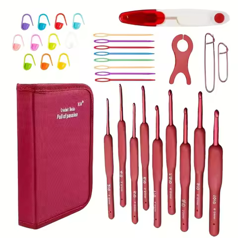 33pcs red TPR crochet hook set with soft grip, ergonomic TPR handle crochet hook, (accessory color r