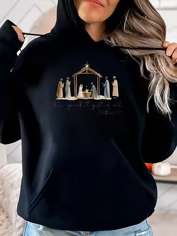 Nativity Scene the Greatest Gift of All Christmas Hoodie Women Casual Wear Black Plus-Size