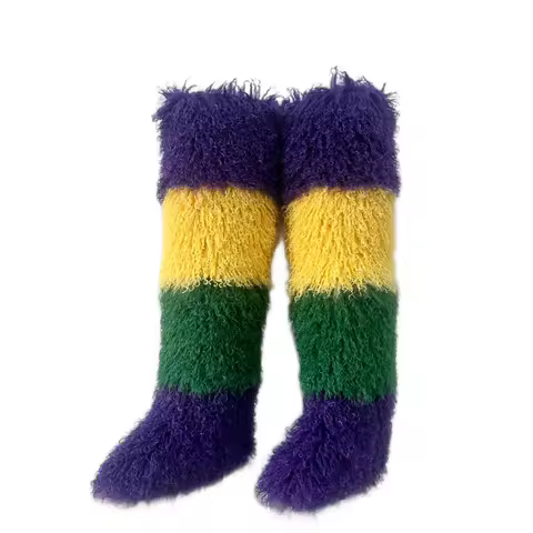 Womens 29 Inch Over The Knee Faux Mongolian Thigh Highs Faux Fur Boots Y2k Fluffy Mardi Gras Mambo F