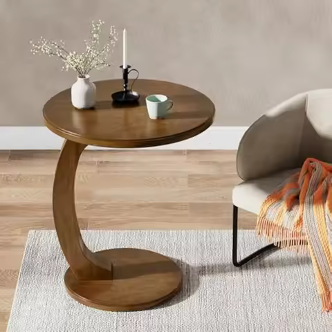 Round End/Side Table, Wooden C-Shaped End Table, Mid-Century End Table, Boho Side Table for Living R