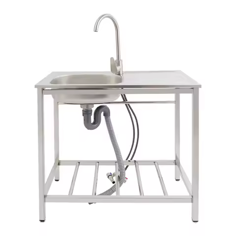 75 x 60 x 45 cm Mobile Freestanding Stainless Steel Sink, Commercial Washing Sink with Countertop &
