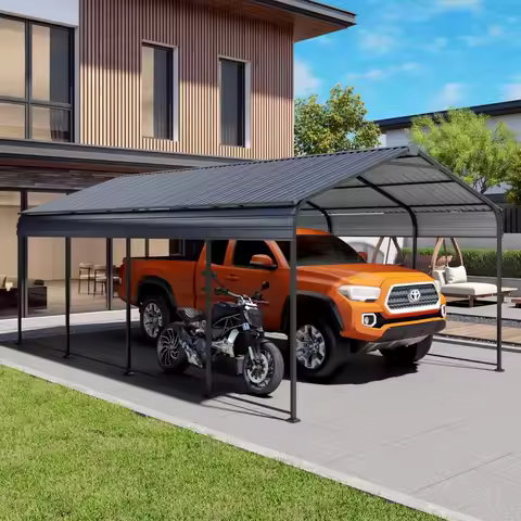 12x20x8.7 Ft Carport, Galvanized Steel Roof, Heavy-duty Metal Carport Canopy with Drainage