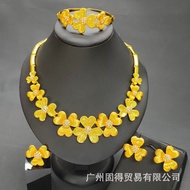 24K Emas Dubai Perhiasan Pengantin Set Anting-Anting Kalung Gelang Cincin Aloi Set Barang Kemas.
