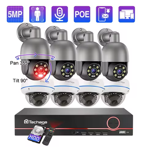 Techage 8CH 5MP POE IP Camera System H.265 PTZ Dome Camera Human Detection CCTV Video Home Security 