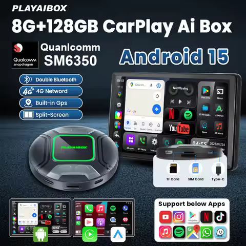 PLAYAIBOX Android 15 CarPlay Ai Box Wireless Adapter Android Auto Carplay Qualcomm SM6350 128GB 8-Co