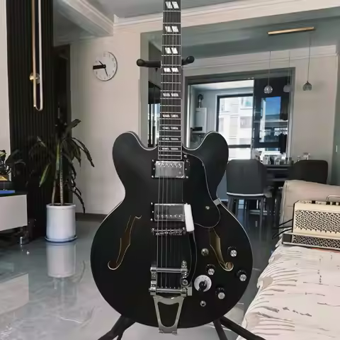 Matte Black ES‑335 Semi‑Hollow Electric Guitar, BurstBuckeR Humbucker Pickups, 2012 Reissue Vintage 