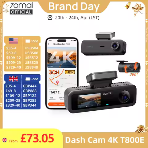 70mai 4K T800E 3-Channel Dash Cam Front Rear Interior 3-in-1 Voice Control 24H Parking Supercapacito