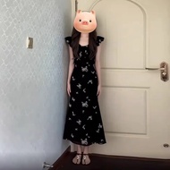 Black Waist-Cinching Sleeveless Flutter Sleeve Butterfly Print Mermaid Dress