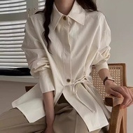 A108|Korean elegant irregular double-flap lace-up office shirt gd