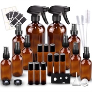 Glass Spray Bottle Kit×10 (2×16oz, 2×4oz, 6×2oz), 9×10ml Roller Bottles, Anti UV, Multi Size and Ver