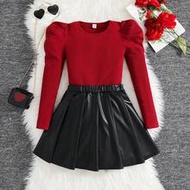 2pcs/Set Elegant Christmas Red And Black Outfit, Cute Autumn School Long Sleeve T-Shirt & PU Leather