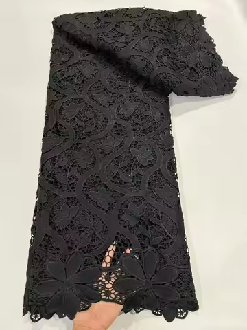 Black African Guipure Cord Lace Fabric 2025 High Quality Nigerian Water Soluble Lace Fabric For Wome