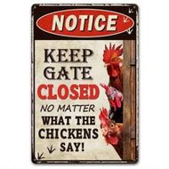 1pc Humorous 'Keep Gate Closed No Matter What The Chickens Say' Metal Sign - Rustic Red & White Outd