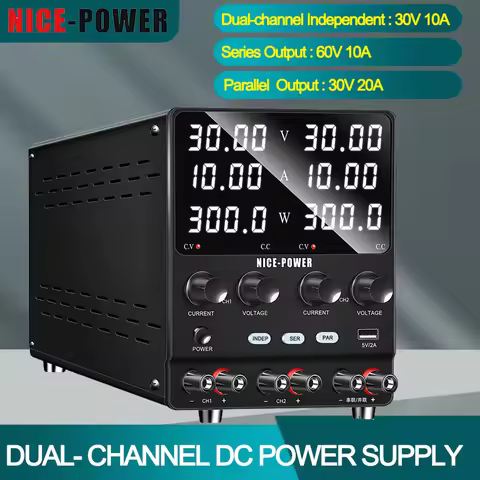 Digital Dual-Channel DC Power Supply 30V10A 2 Channel Lab Bench Power Source 120V3A Voltage Regulato