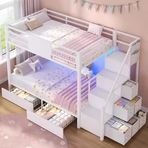 BTHFST Bunk Bed Twin Over Twin with Stairs, LED Lights Twin Bunk Bed with 2 Storage Drawers & 6 Fabr