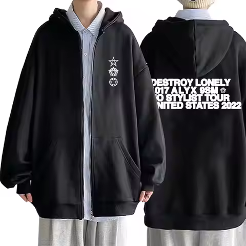Rapper Destroy Lonely Alyx Zipper Hoodie Men's Fashion Hoodies Men Hip Hop Style Zip Up Jacket Male 