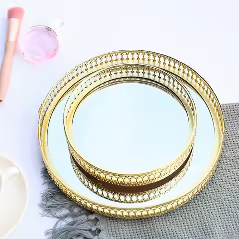 Gold Round Mirror Base Tray Perfume Jewelry Decorative Vanity Tray Holder