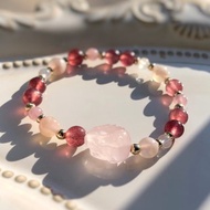 粉晶兔、草莓晶、櫻花瑪瑙、月光石 好運兔天然石手鍊