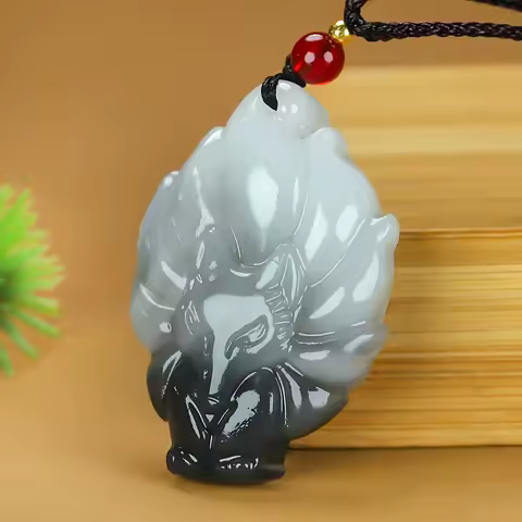 Elegant nine-tailed fox pendant necklace, smoky purple gray