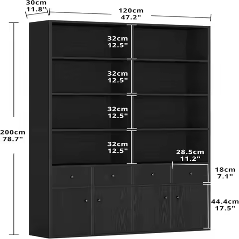 IRONCK 78.7" Bookcase with 4 Drawers and 4 Doors, 6 Tier Large Bookshelf with Storage, Floor Standin