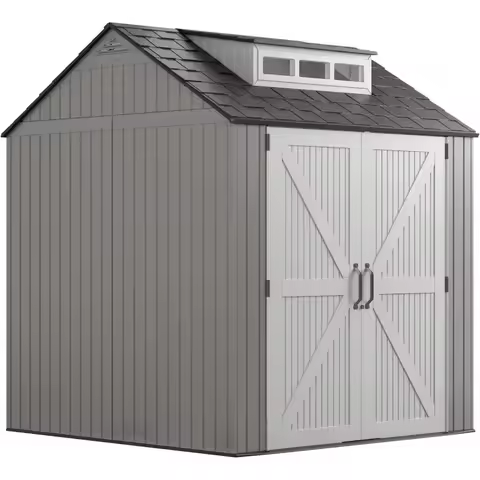 Gray Weatherproof Outdoor Storage Shed (7x7ft) for Tools, Lawn Mower, Bike, and Pool Supplies