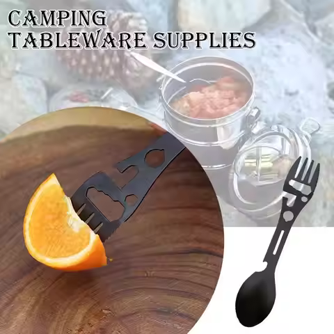 Outdoor Multi-functional 6-in-1 Camping Survival Tool Stainless Steel Fork Knife Spoon Bottle/Can Op