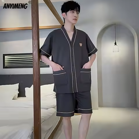 Men's Pyjamas Set 2025 Summer New Fashion Home Clothing Faux Cotton Sleepwear Youth Man's Student Bo