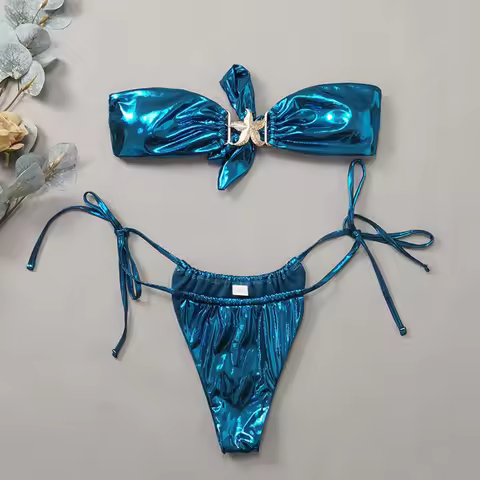 2024 Gem Blue Glossy Bikini Women's Clothing Swimsuit Summer Beach Vacation Outfits Thong Bathing Su