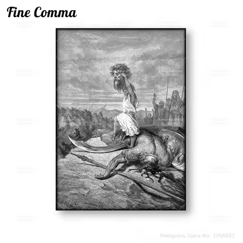 David Slays Goliath Gustave Dore Vintage Poster Bible Wall Art Canvas Print Black and White Wall Pai