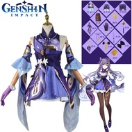 Genshin Impact ชุดคอสเพลย์ KEQING วิกผมอนิเมะสไตล์จีนสำหรับปาร์ตี้ฮาโลวีนสำหรับผู้หญิงชุดเดรสสีม่วง