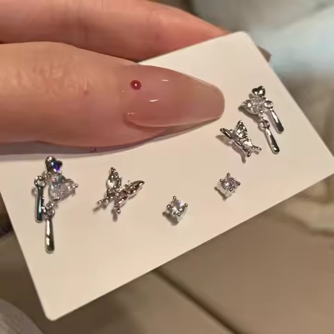 Y2K 6Pcs/set Silver Color Rhinestone Butterfly Stud Earrings for Women Fashion Punk Heart Earring Se