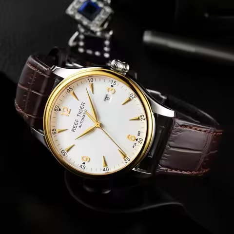 Reef Tiger RT Brand Men's Luxury Dress Watch Yellow Gold Alligator Strap Mechanical Business Watch R