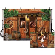 7x5ft One Wild West Stable Backdrop Texas Western Cowboy Horse in Barn Baby Shower Wheels Mews Photo