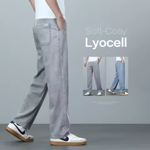 Brand Clothing Summer Cozy Soft Lyocell Men's Jeans Loose Straight Wide Leg Casual With Slant Pocket