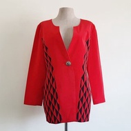 中型復古黑紅幾何印花外套女式聚酯纖維西裝外套 M