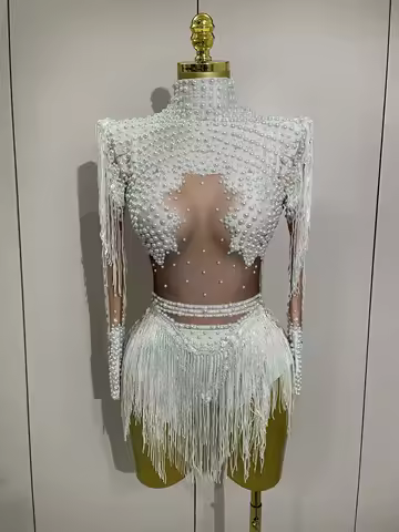 Sparkly Rhinestone Sequin Tassel Stretch Bodysuits 2025 New Arrival Women Birthday Party Nightclub D