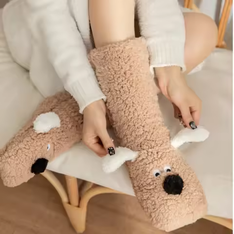Fuzzy Fluffy Sock Women Cartoon 3D Dog Winter Warm Plush Non Slip Home Sleeping Soft Floor Thermal F