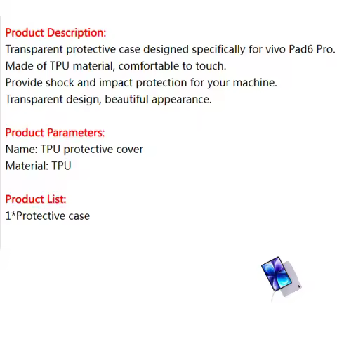 TPU protective case for vivo Pad6 Pro, Slim & Lightweight TPU Protective, Shockproof Cover with Rais