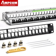 AMPCOM 24-Port Blank Keystone Patch Panel, 1U STP/UTP ,19 inch Rack Wall Mount with Rear Cable Manag