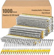 Therwen 1000 Count 2 Inch x 0.12 Inch Framing Nails, 21 Degree, Flat D Head, Galvanized, Ring Shank,
