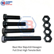 M16x60 Baut Mur Baja 8.8 FULL DRAT Hitam Hex HTB High Tensile 16x60