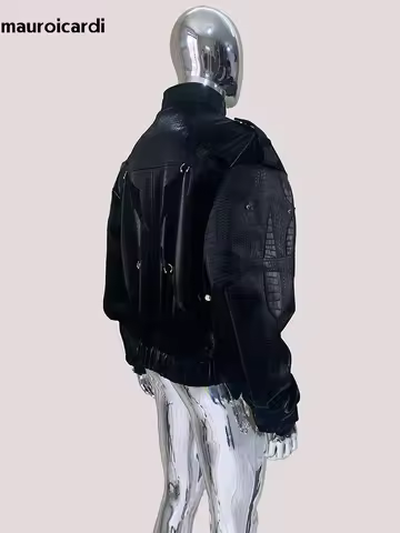 Mauroicardi Autumn Short Shiny Black Crocodile Print Faux Leather Jacket Men Stand Collar Zipper Lux