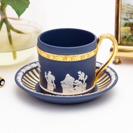 英國製Wedgwood稀有波特藍鑲金咖啡杯盤 紅茶杯組 浮雕璧玉收藏杯