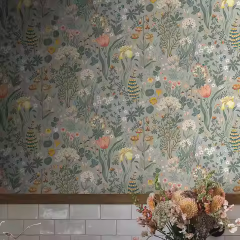 Warm and cool floral Wallpaper in mellow grey background with mixed flowers, foliage and fruit, Scan
