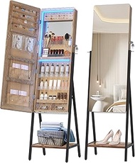 LVSOMT LED Jewelry Mirror Cabinet Armoire, Free Standing Full-Length Mirror with Jewelry Storage, Lockable Jewelry Storage Organizer, w/ 2 Drawers, Bottom Shelf, Built-in Lighted Makeup Mirror, Brown