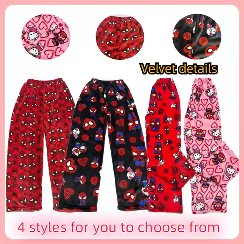 Hello Kitty Spider-man Cotton Velvet Loose Pajamas Pajamas Long Pants Women's And Men's Cartoon Slee