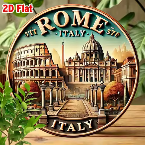 2D Flat, Vintage Rome Italian-Themed Aluminum Wall Art - 7.87x7.87 Inch Round Decorative Sign with C