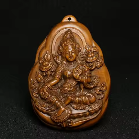 1919 Antique Art Size 7.9×5.7 cm Old Chinese Tibet Boxwood Carved Tara Bodhisattva Buddha Statue Net